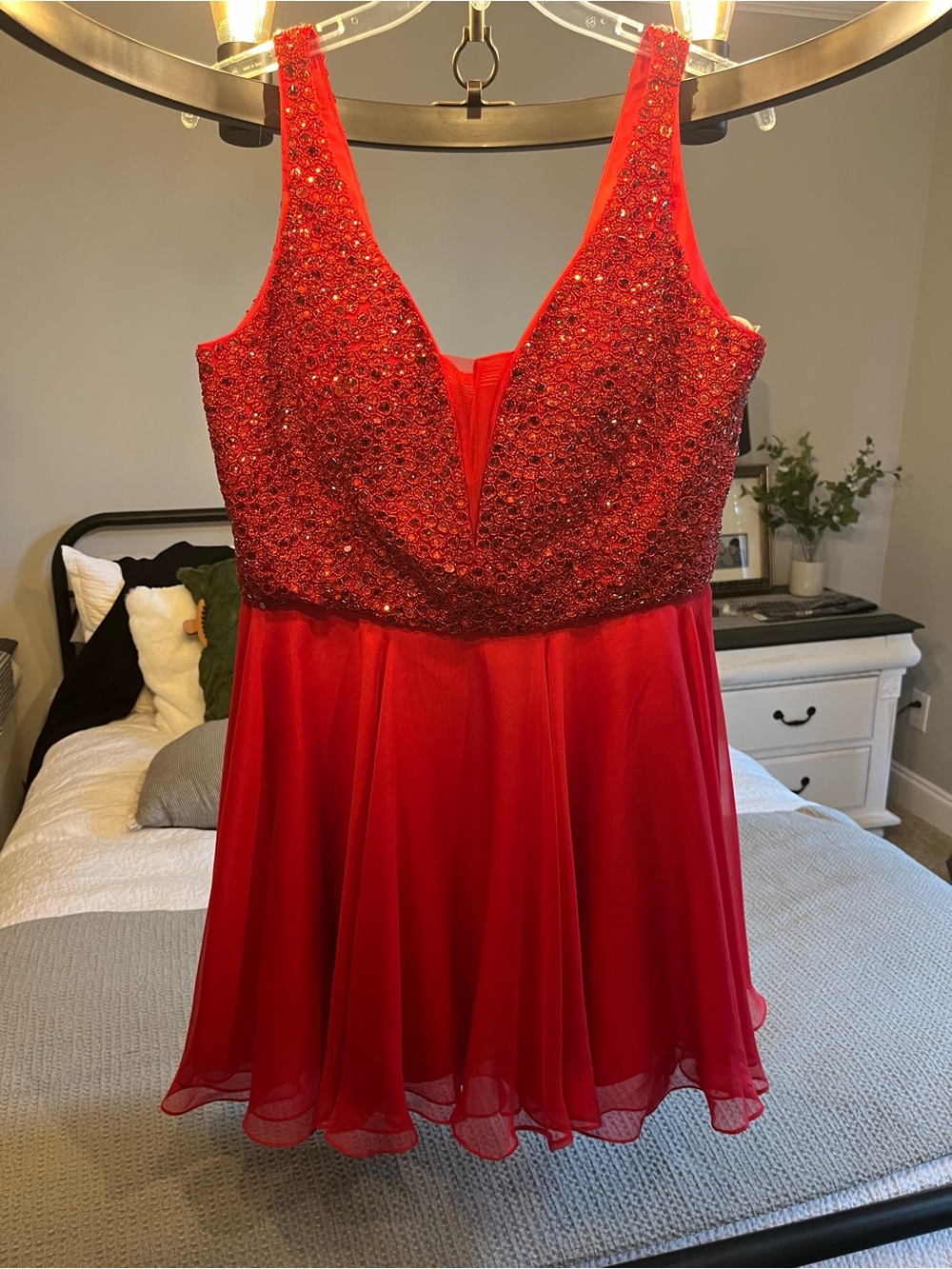 Sherri Hill Red Embellished V-Neck Mini Dress - Prom or Party Ready To Go! - Picture 6 of 7